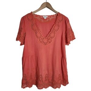 Sundance Lace Trim Top Women Large Coral Pink Embroidered V-Neck Short Sleeve